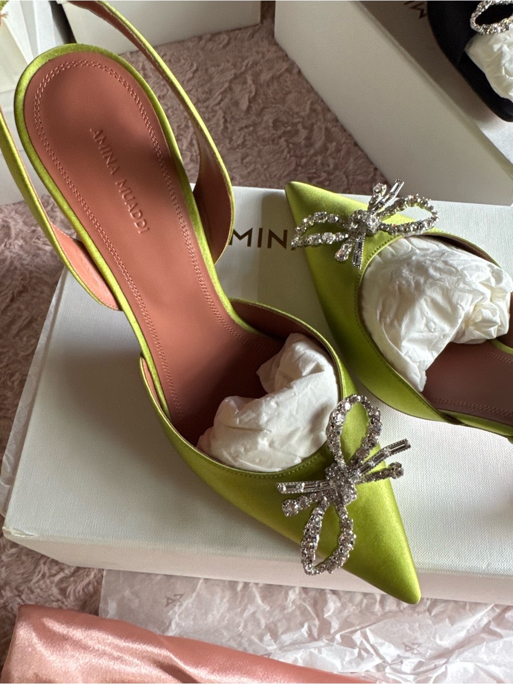 Amina Muaddi Lime Green Satin Crystal Bow Slingback begum cloth mules